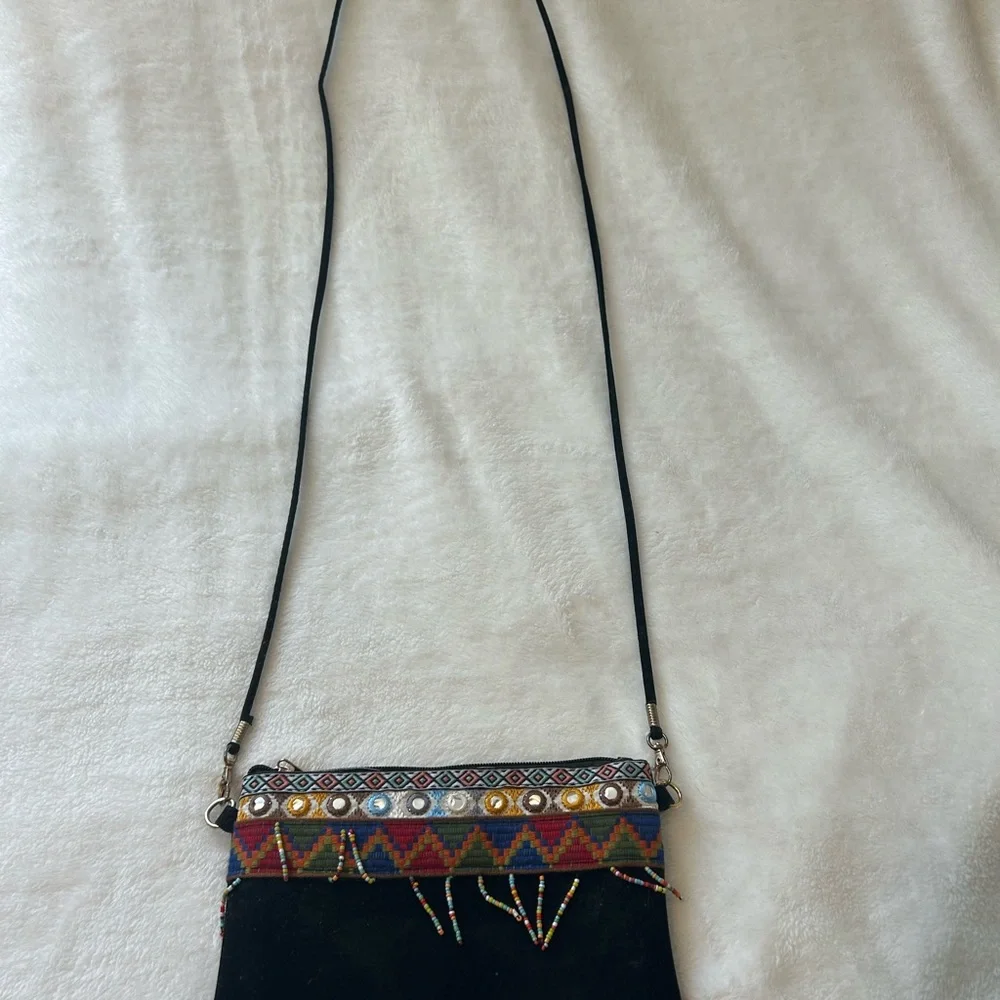 Boho Black Suede Crossbody Bag with Multicolor Beaded Trim - Picture 3 of 14